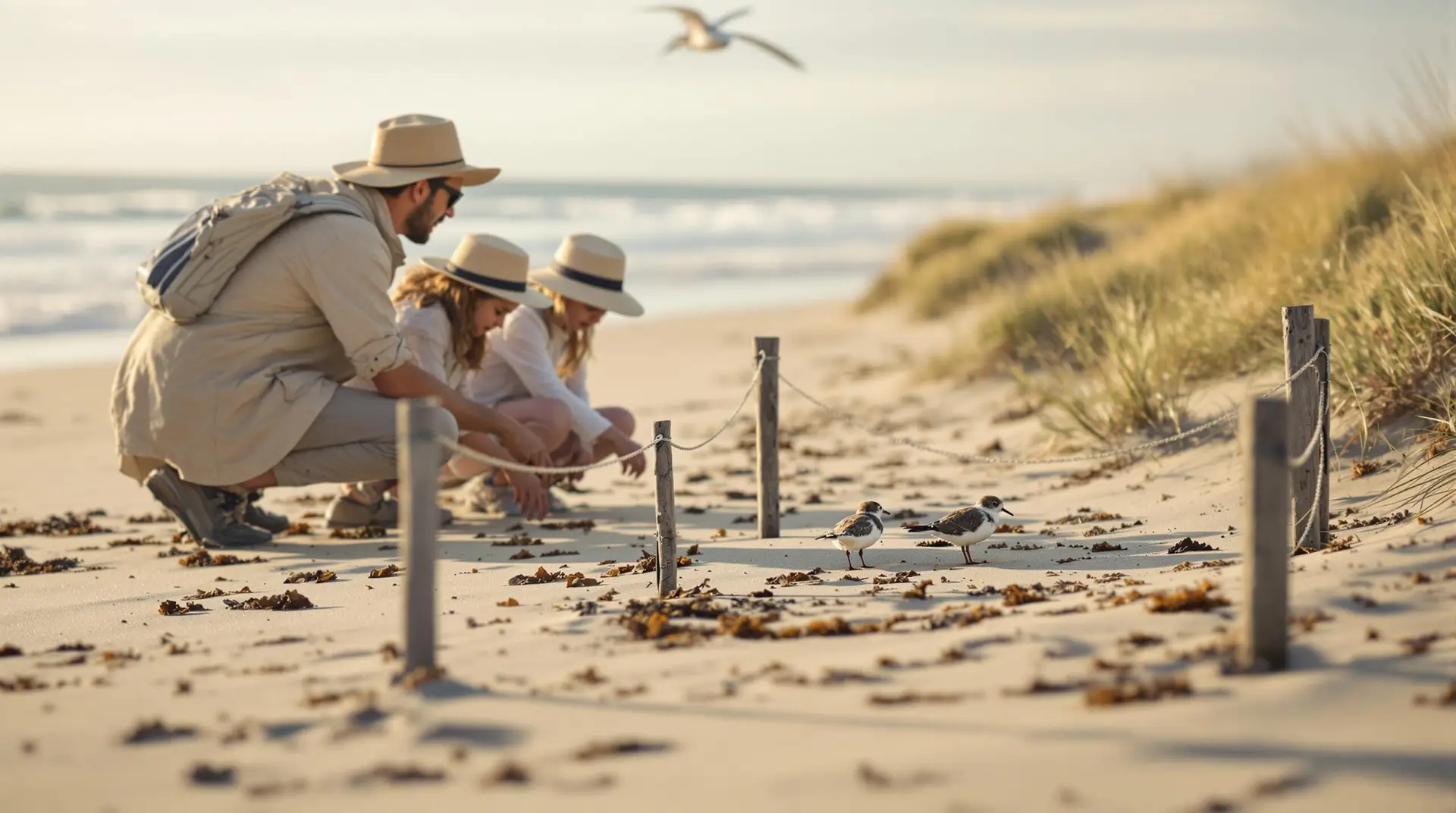 A family of four kneels on a sandy beach, observing two piping plovers inside a rope enclosure, with dune grass and gentle waves in the background under warm sunlight.
