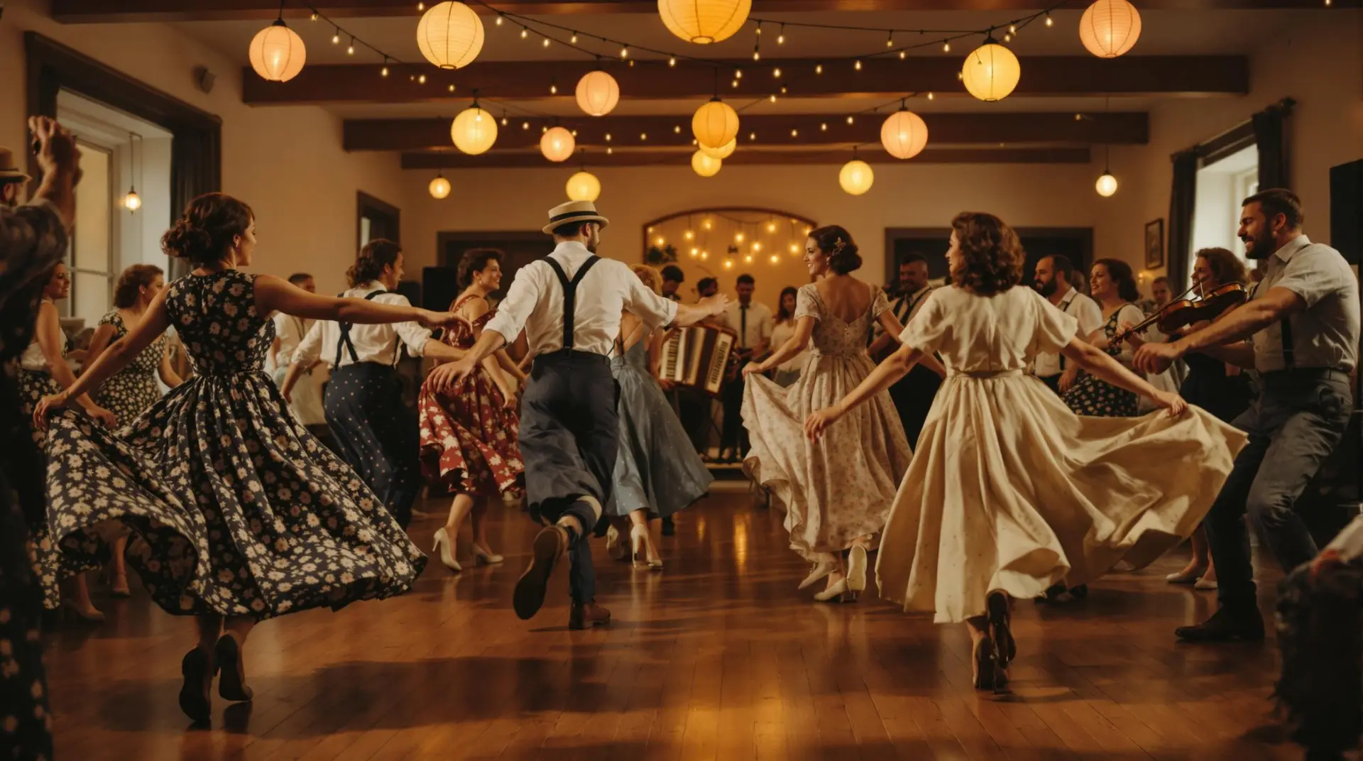 People in 1940s-style clothing dancing a lively ceilidh in a warmly lit, generic community hall, with musicians playing in the background.