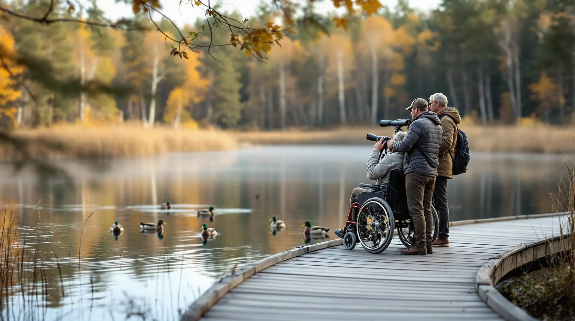 Person in wheelchair birdwatching with companion on wooden boardwalk beside a pond, surrounded by trees and ducks, under soft morning light.