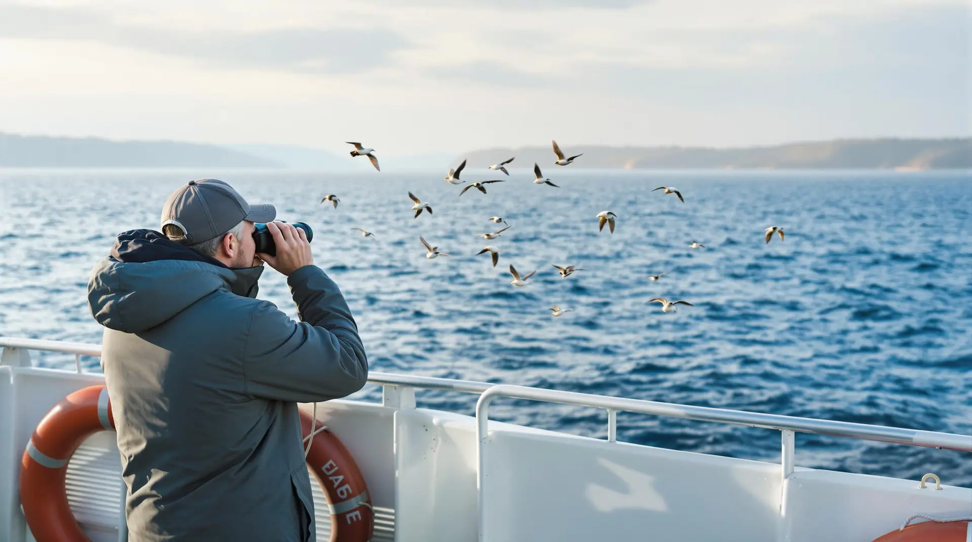 Birder in windbreaker watching seabirds from ferry deck on Annapolis Bay with binoculars, calm water and hazy coastline in background