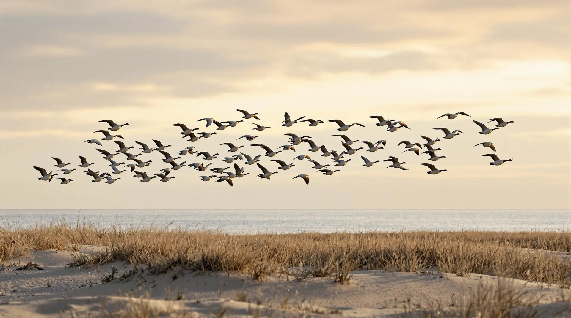 A flock of Canada geese flies in V-formation above sandy dunes and marsh grasses along a generic Atlantic shoreline at sunrise, with soft golden light and a partly cloudy sky.