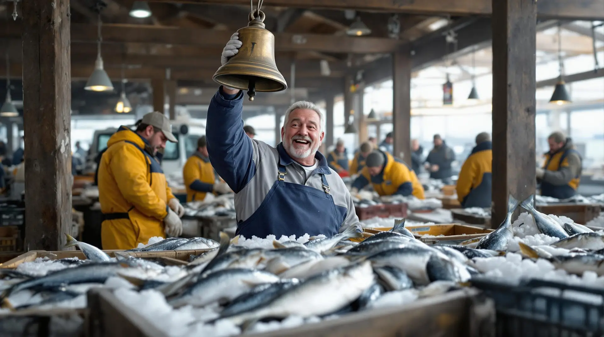 Fish auctioneer ringing a brass bell at a coastal market with crates of fresh fish, surrounded by fisherfolk in yellow and navy overalls, soft morning light and blurred generic background.