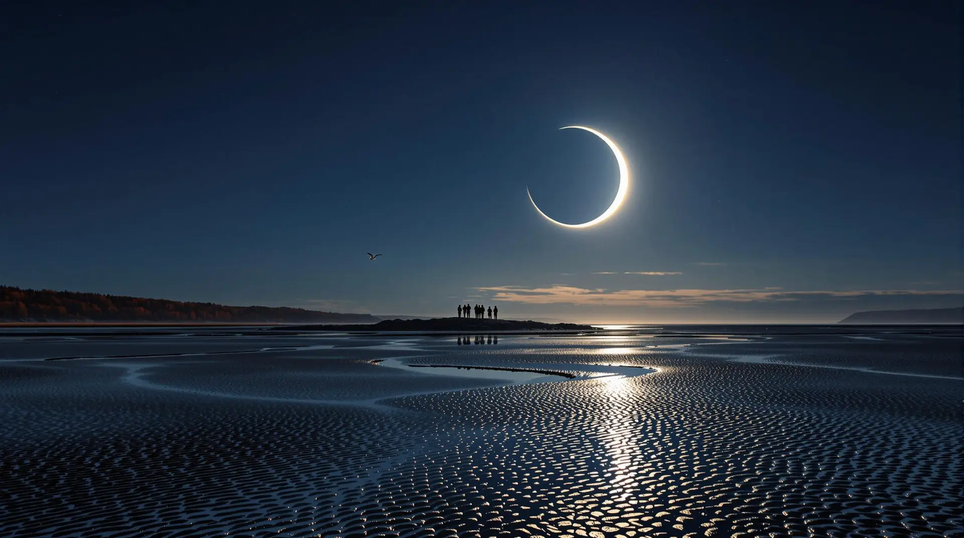 Solar eclipse over tidal flats with silhouetted observers near cliffs and reflective pools under dramatic sky