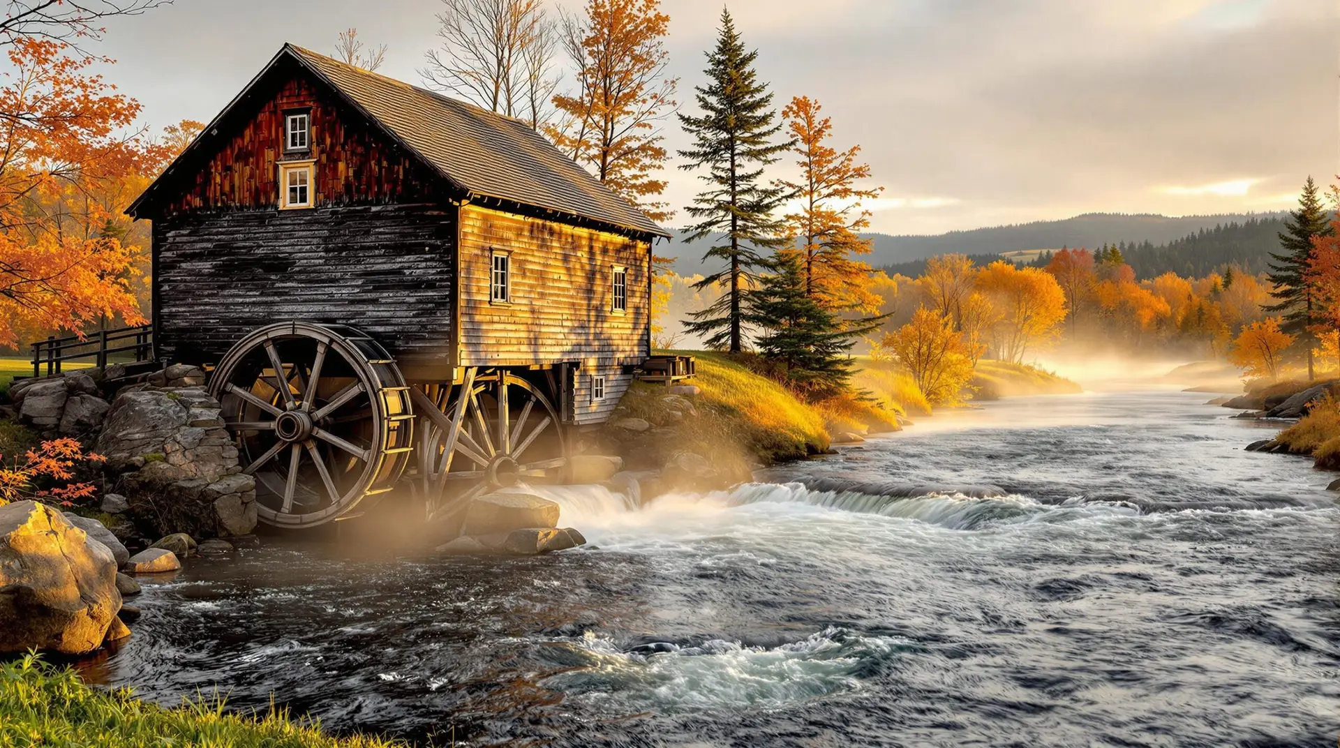Historic wooden gristmill with large waterwheel beside a flowing river in rural Nova Scotia, surrounded by mist and trees on a cloudy morning