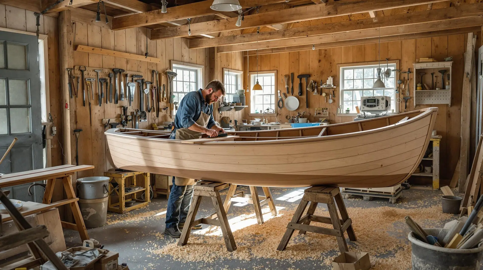 Boatbuilder reconstructing a wooden oyster skiff in a heritage workshop with hand tools, wood shavings on the floor, and soft sunlight filtering through windows.