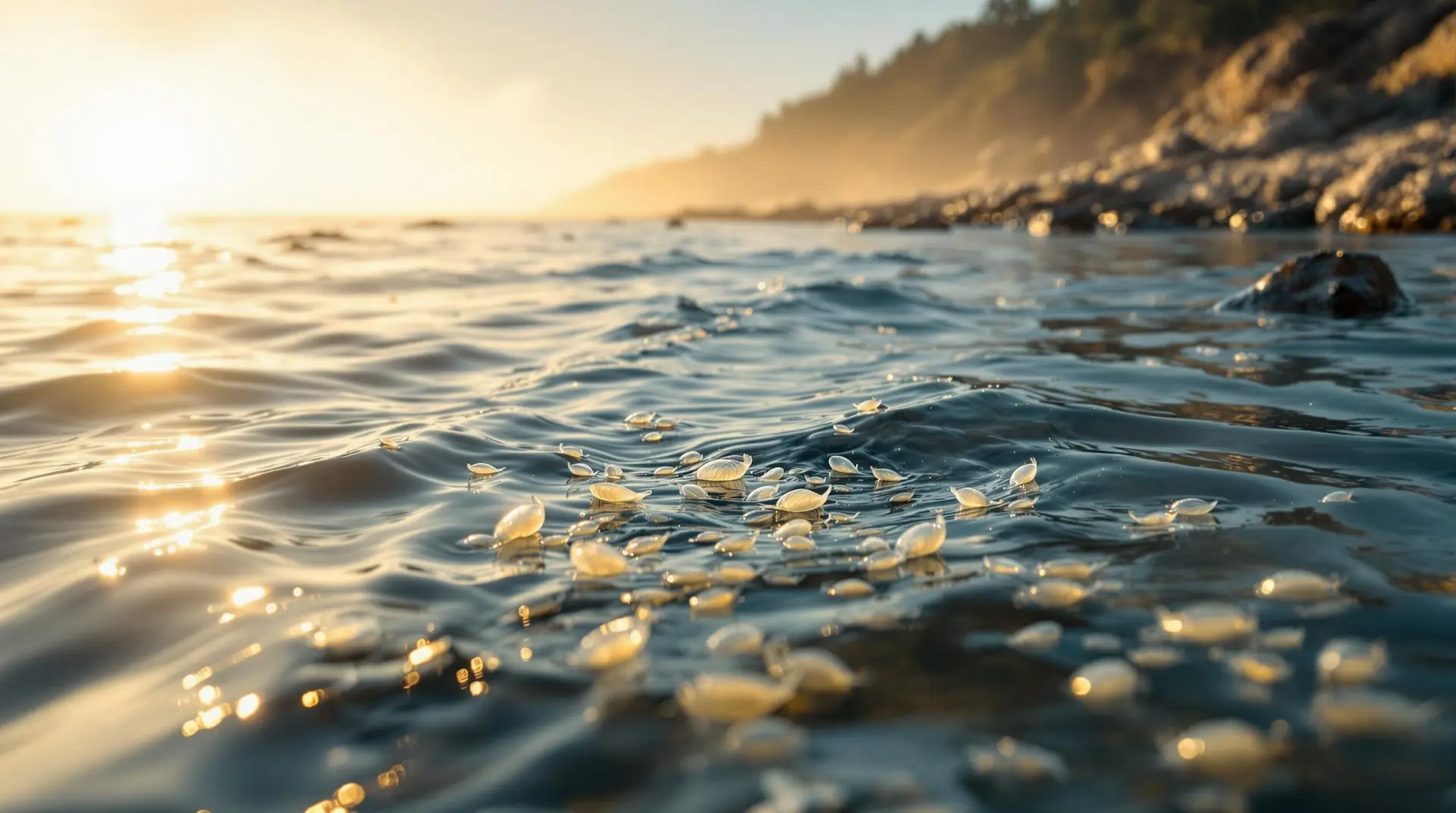 Close-up of scallop larvae drifting in clear tidal waters with gentle ripples, soft dawn light, and a blurred rocky shoreline in the background.