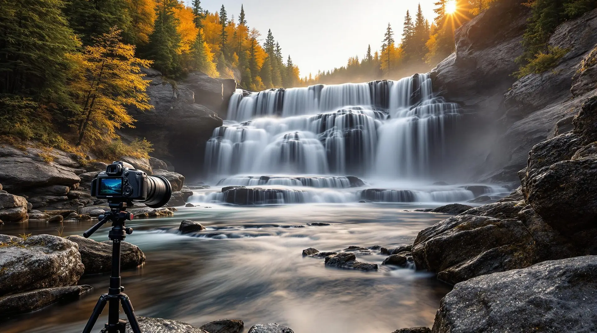 Camera on tripod with ND filter set up beside a flowing, silky waterfall surrounded by autumn forest, soft golden light highlighting wet rocks and vibrant foliage.