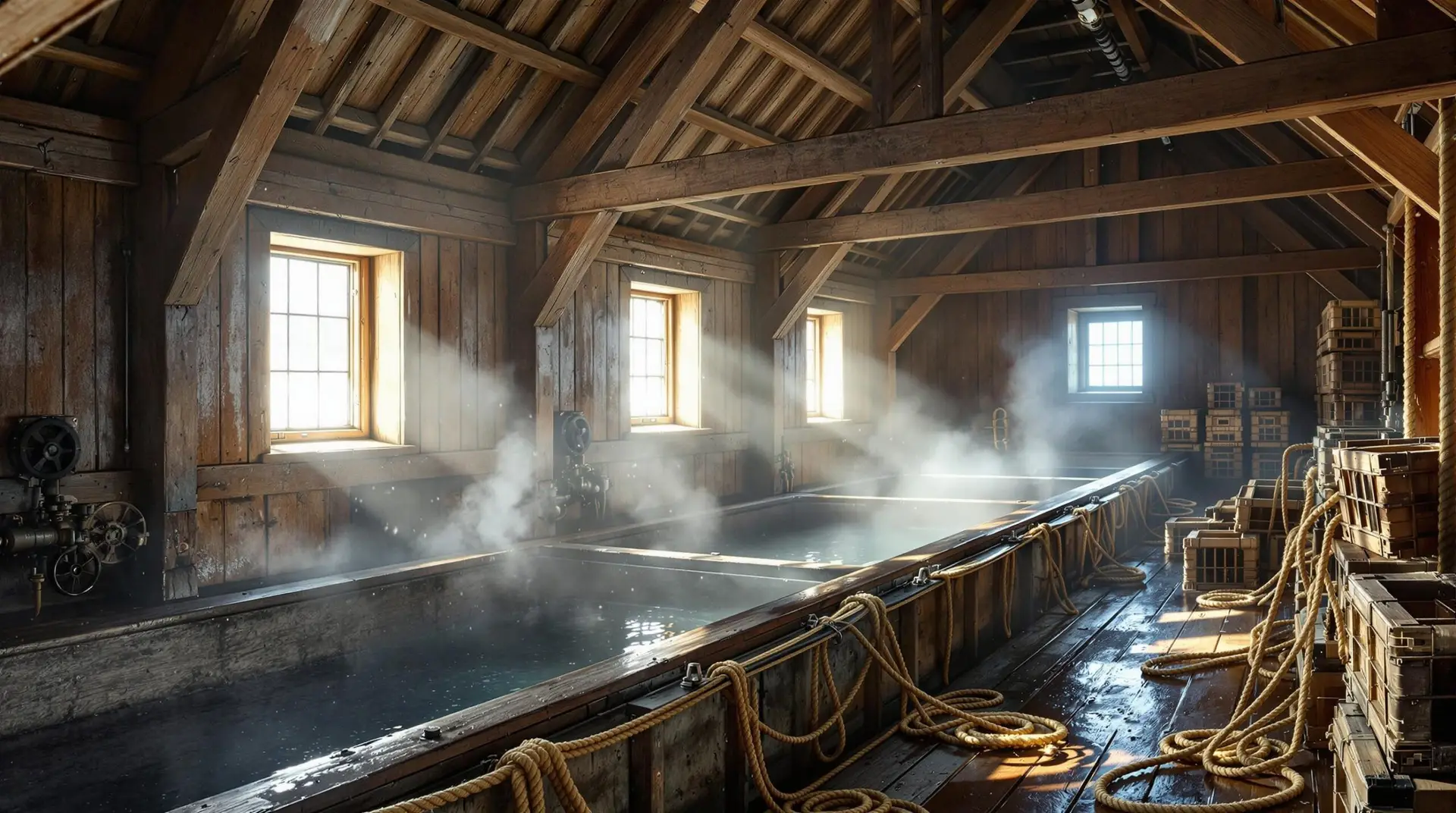 Interior of a 1920s wooden lobster pound with timber beams, saltwater holding pools, and stacked crates, softly lit by morning light.