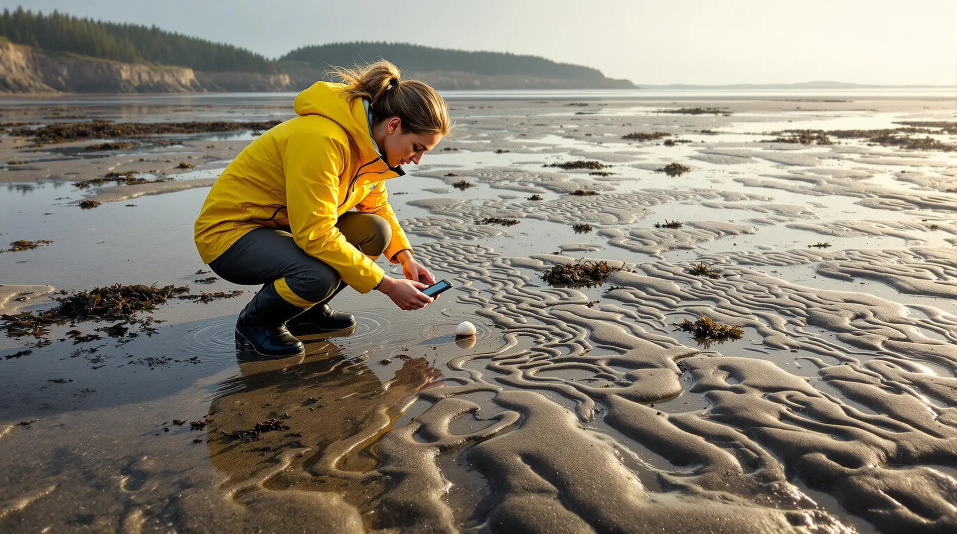 Marine biologist in yellow jacket mapping mudsnail trails on sandy tidal flats at low tide, with scattered seaweed, a white seashell, and distant evergreen trees under soft morning sunlight.