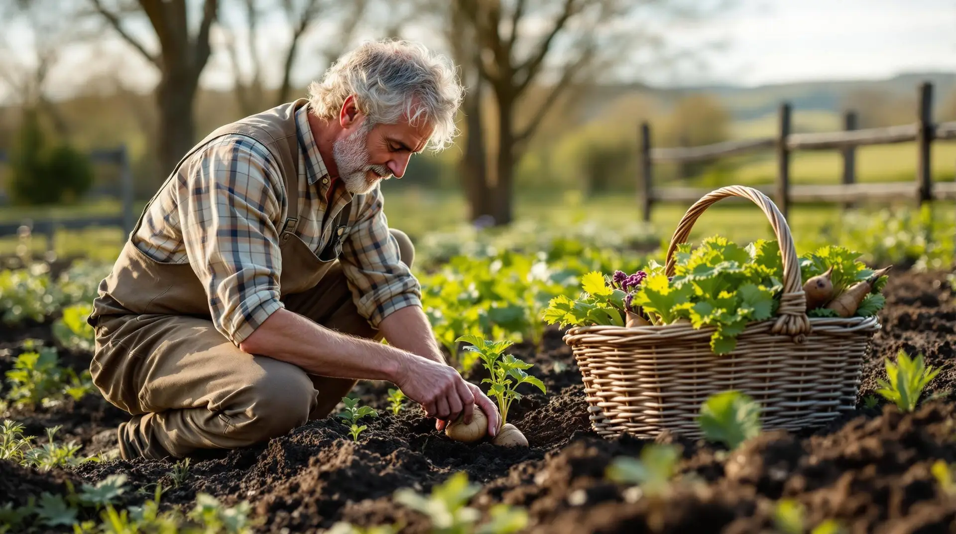 A gardener in historical-inspired clothing kneels in a kitchen garden, transplanting seedlings into dark soil with a wicker basket of vegetables nearby, surrounded by blurred trees and a rustic wooden fence under bright afternoon light.