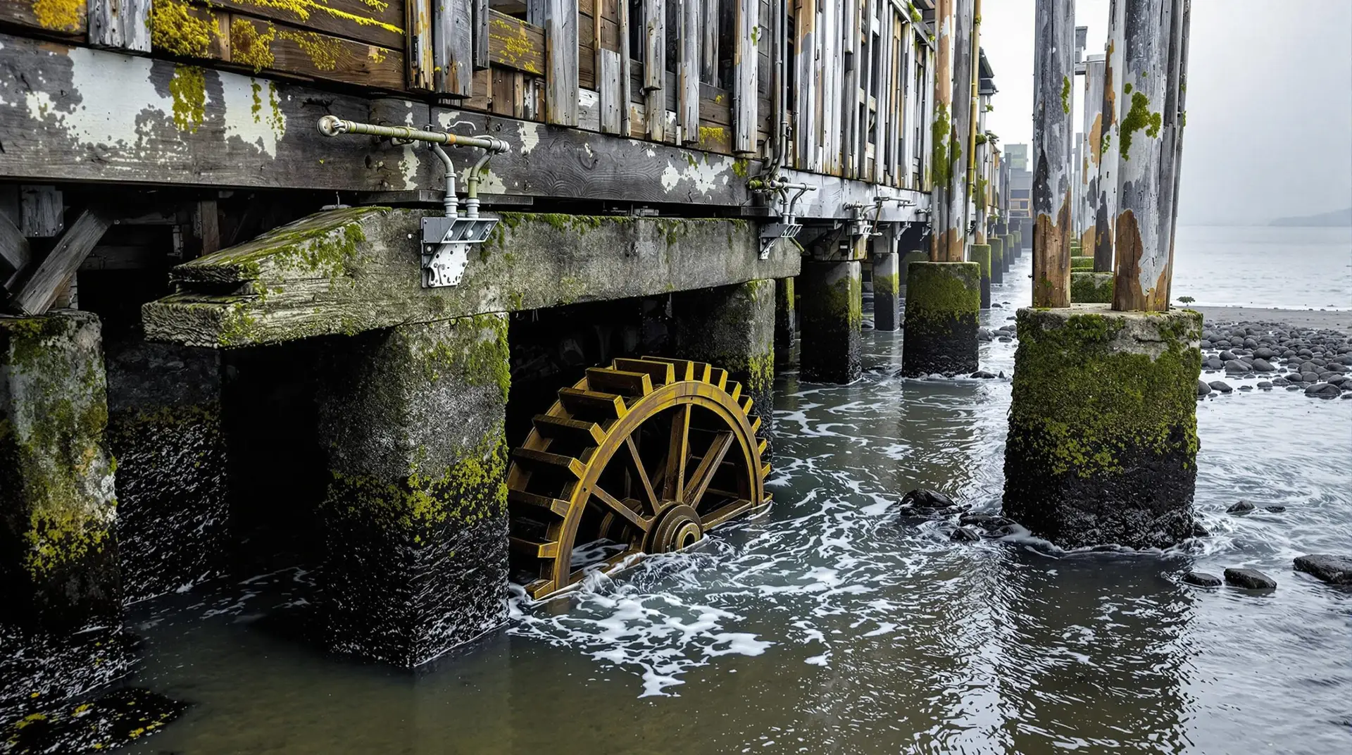 Old tide-powered mill mechanism with moss-covered waterwheel beneath a weathered wooden dock, surrounded by swirling seawater and misty coastal light.