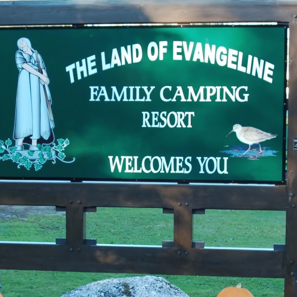 Green sign reads "The Land of Evangeline Family Camping Resort Welcomes You," with illustrations of a woman, a bird, and decorative flowers.