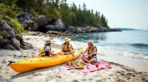 Two friends in kayaks unloading a picnic on a sandy, secluded beach with pine trees and gentle waves in the background, enjoying a simple outdoor meal.