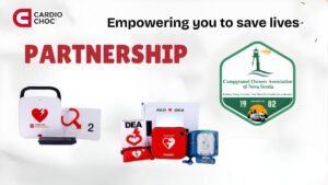 Cardio Choc and Campground Owners Association of Nova Scotia partnership banner featuring AED devices and emergency kits with the text "Empowering you to save lives.