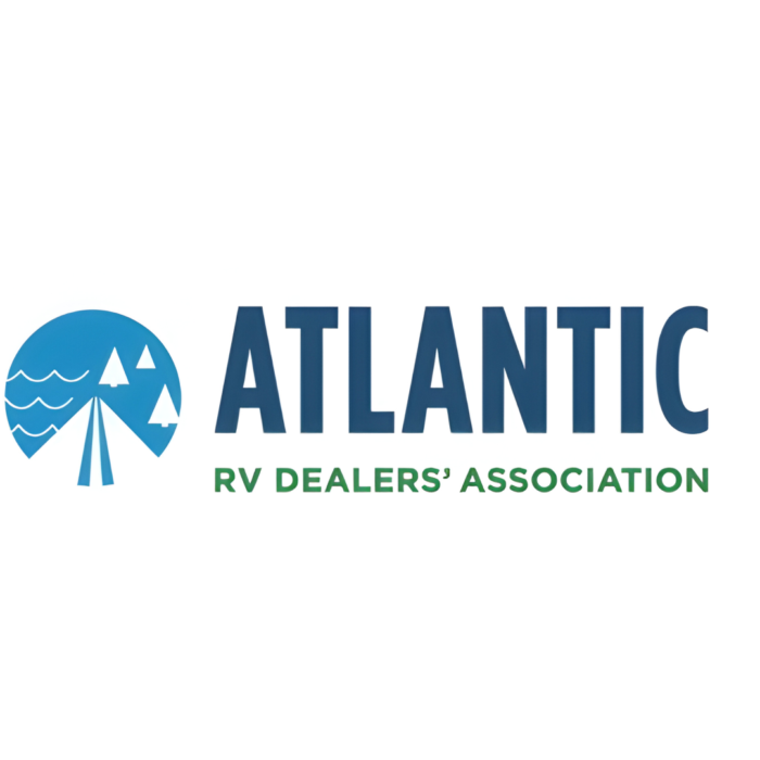 Logo for Atlantic RV Dealers’ Association, featuring stylized trees and waves in a blue circle on the left, and the association name in bold blue and green text on the right.