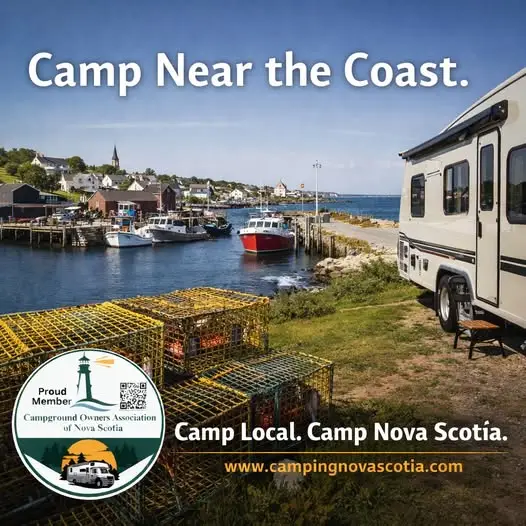 A coastal campground with RVs, lobster traps, and fishing boats near a small waterfront town in Nova Scotia. Text promotes local camping.