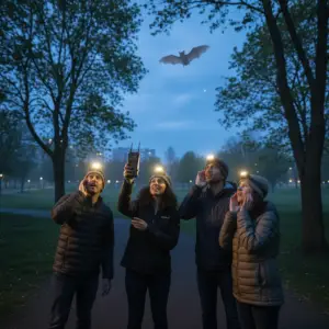 Group of adults on a twilight nature walk in a Halifax-area park use a handheld bat detector while looking up at a bat flying above the trees.