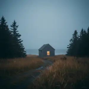 Foggy dusk view of a small shingled coastal cottage with a single lit window, framed by spruce trees and tall grasses along a winding path near the ocean in Nova Scotia.
