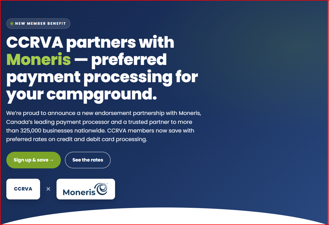 CCRVA announces a partnership with Moneris for preferred payment processing rates for campgrounds, featuring “Sign up & save” and “See the rates” buttons.