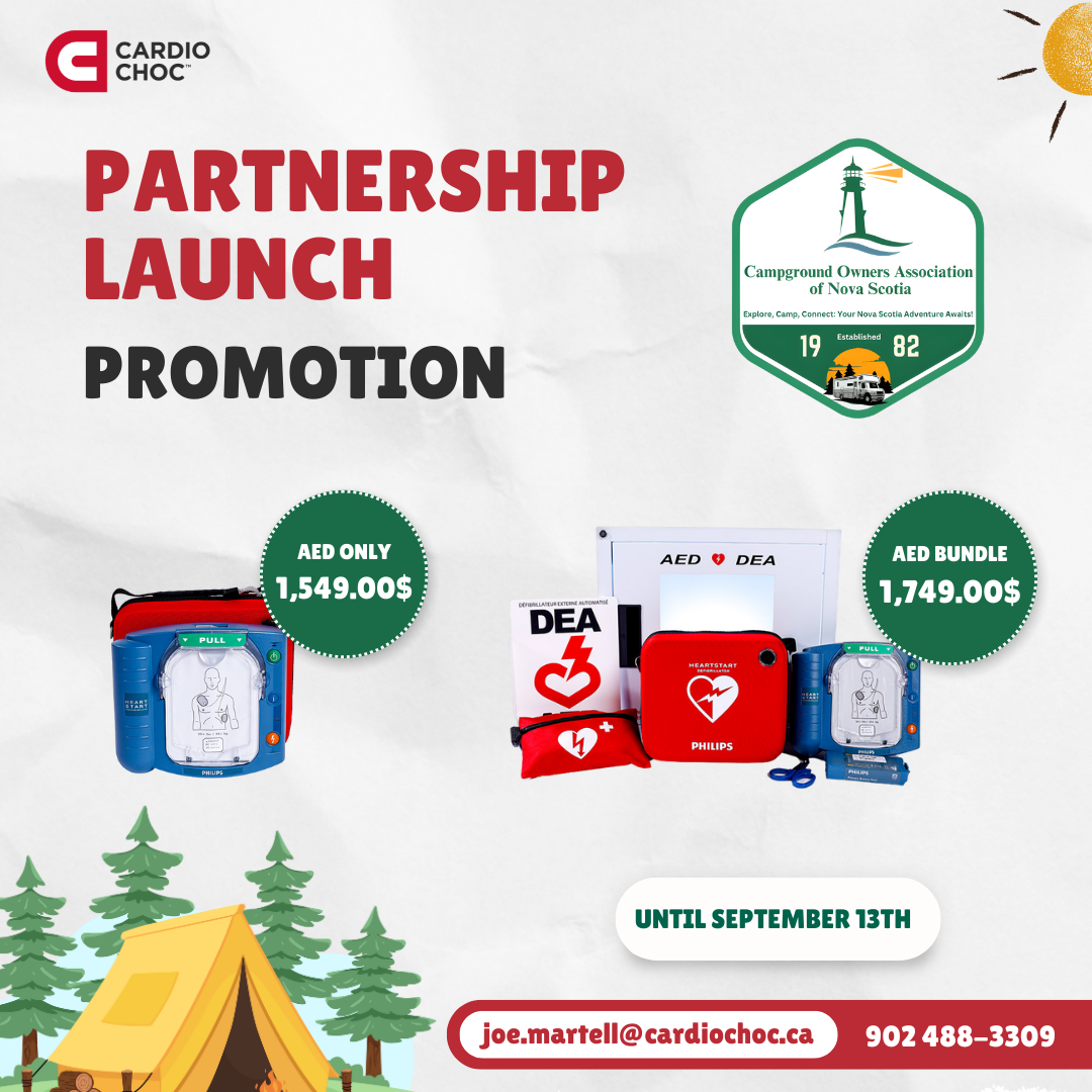 Cardio Choc and Campground Owners Association of Nova Scotia partnership promotion with AED bundles and contact info, offer valid until September 13th.