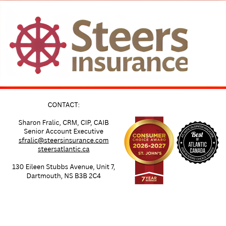 Steers Insurance logo, contact info for Sharon Fralic, and consumer awards for 2026-2027 and “Best of Atlantic Canada” displayed on a white background.