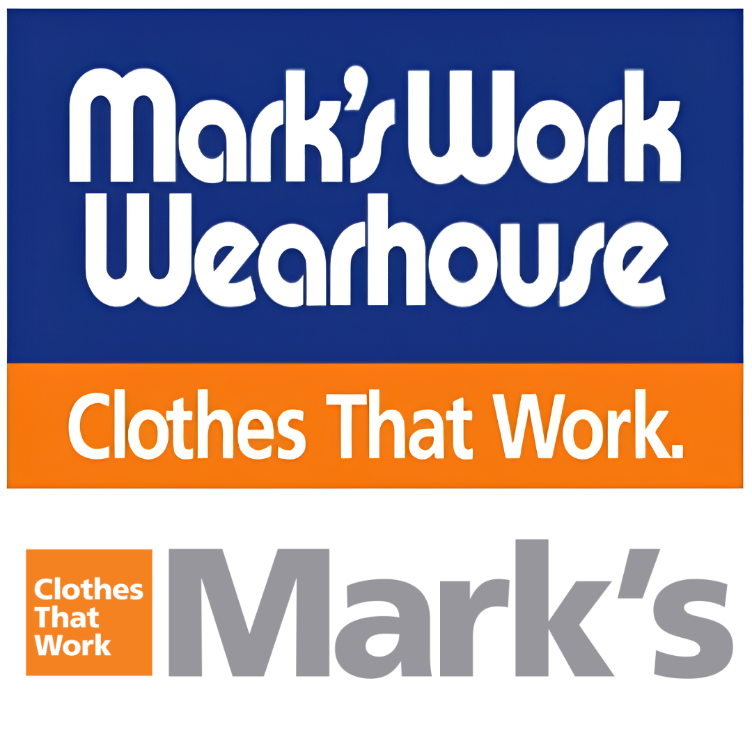 Two Mark’s Work Wearhouse logos: one blue and orange with “Clothes That Work,” the other grey and orange with “Clothes That Work” and “Mark’s.”.