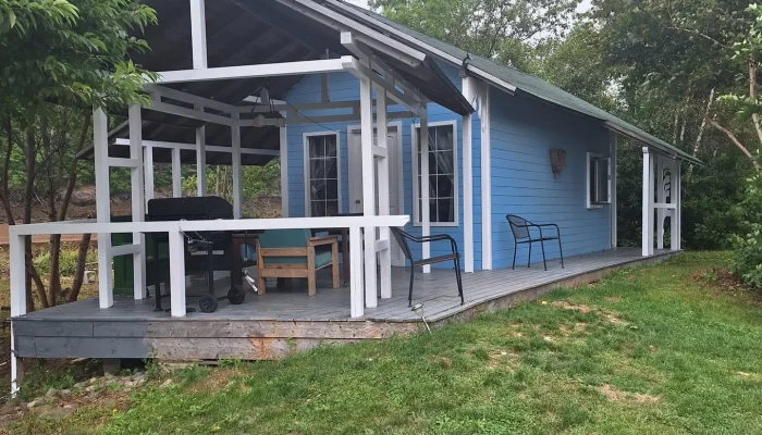 A small blue house with a covered porch, outdoor furniture, and a grassy yard, surrounded by trees on a cloudy day.