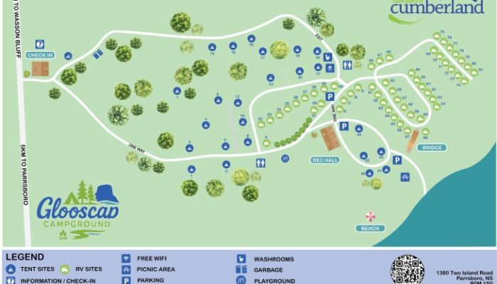 Map of Glooscap Campground showing tent and RV sites, facilities like washrooms and playground, roads, parking areas, and paths leading to the beach and RIC Hall. Legend included at bottom.