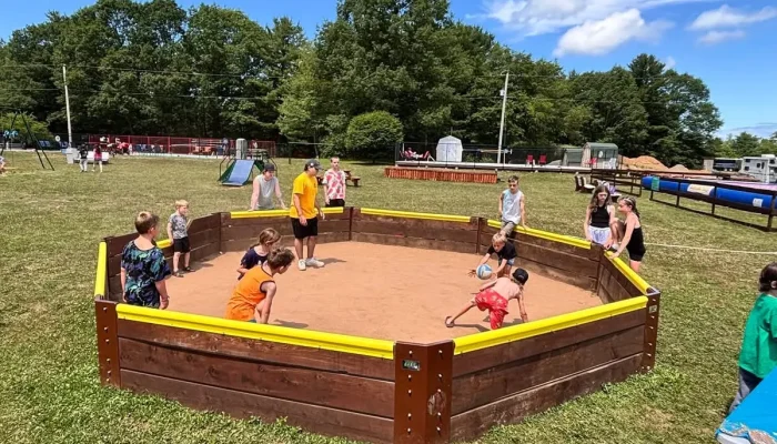 Children play gaga ball in an outdoor octagonal pit on a grassy field with trees and playground equipment in the background.