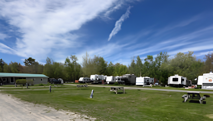 Several RVs and trailers are parked on grassy lots at a campground, with picnic tables nearby and trees in the background under a partly cloudy sky.