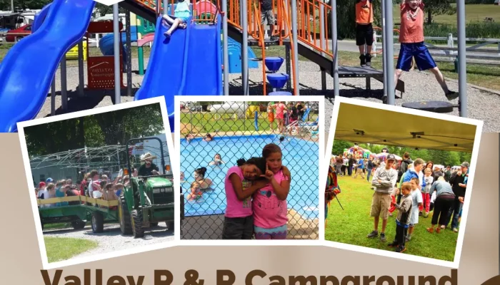 Children play on a playground, ride on a wagon, enjoy outdoor activities, and gather at an event. The Valley R & R Campground logo and contact info are displayed.