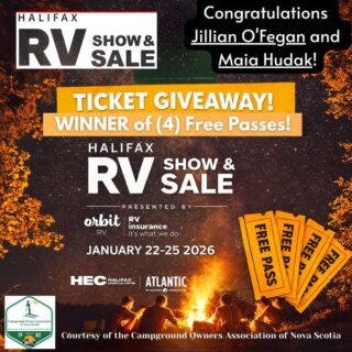 🎉 GIVEAWAY WINNERS ANNOUNCED!  Congratulations to our two winners who will each receive FOUR passes to the Halifax RV Show! You’re headed to one of Atlantic Canada’s biggest RV events courtesy of Nova Scotia's best Private Campground Owners!  

👏 Jiilian O’Fegan
👏 Maia Hudak

📅 January 22–25, 2026
📍 Halifax Exhibition Centre
👉 https://halifaxrvshow.mpetickets.com/

Thank you to everyone who entered and shared where you want to camp this year — we loved seeing them! Please send us a private message, Jillian and Maia, so we can arrange your tickets and make sure to drop by our booth and say hello!  

To find all of our great destinations, visit: www.campingnovascotia.com