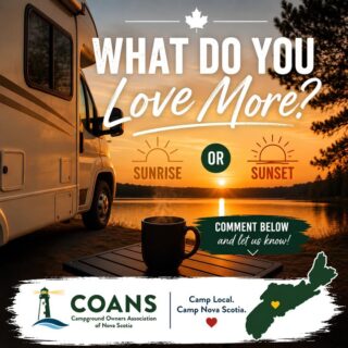 One of the best parts of camping is slowing down long enough to enjoy nature's daily show.  For some, it's that first cup of coffee as the sun rises. For others, it's sitting around the campfire as the sun disappears.

So, what's your favourite?

🌅 Sunrise
🌄 Sunset

Tell us why in the comments below!

Either way, you get the best at one of our campground members! www.campingnovascotia.com

#CampNovaScotia #CampingNovaScotia #CampLocal #RVLife #CampingSeason
