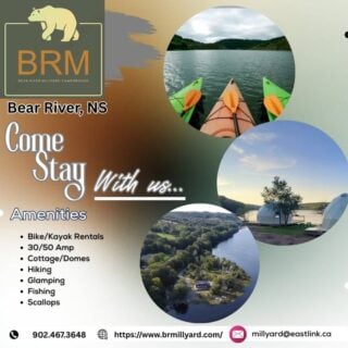 Featured Campground: Bear River Millyard Campground

Experience camping the way it should be at Bear River Millyard Resort & RV Park. Bear River has so much to see and do that you won't have to leave. This peaceful and relaxing environment immerses you in nature and provides plenty to see and do, offering a variety of accommodations along the picturesque riverbanks.

Enjoy:

✅ Glamping domes, cozy cabins, RV & tent sites
✅ Bike and kayak rentals for exploring the area
✅ Proximity to local attractions like wineries and art galleries

🗓️ Open Season: May 1 – October 31
🌐 Book now: www.brmillyard.com

🔗 Discover other COANS members at www.campingnovascotia.com
Camp Local. Camp Nova Scotia.