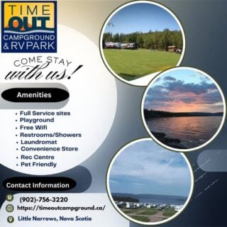 COANS Member Spotlight: Time‑Out Campground & RV Park

Nestled on 20 acres with a dramatic 1,000‑foot shoreline along Whycocomagh Bay in Cape Breton, @Timeout Campground offers stunning waterfront views, peace, and professional hospitality that make every visit a serene escape.

Here’s why it stands out:

👉Fully serviced comfort with 93 pull-through sites—including electricity, water, sewer, showers, flush toilets, a laundromat, and free Wi‑Fi
👉World Class Attractions nearby!
👉Endless outdoor adventures: Perfectly situated for exploring the Cabot Trail, fishing, kayaking, cultural attractions, and even pub nights with live Cape Breton music

📍 Plan your getaway today: 👉 https://timeoutcampground.ca/reservations/

🧭 For more Nova Scotia destinations, visit: 👉 www.campingnovascotia.com
#CampingNovaScotia #VisitNovaScotia #ExploreCanada #TimeoutCampground #CapeBretonNS #WaterfrontCamping #ProfessionalCamping #RVLife #TentCamping #CabotTrail #CampWithConfidence