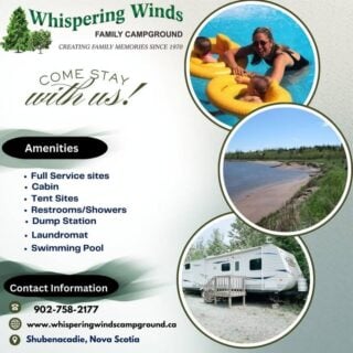 COANS Campground Spotlight: Whispering Winds Family Campground

Looking to escape the city without going far? Whispering Winds Family Campground, nestled on wooded slopes overlooking the Shubenacadie River, is just under an hour from downtown Halifax—perfect for day-trippers or weekend getaways!

What You’ll Love:
🏕️ 250+ Campsites & Rentals: Spacious RV and tent sites, plus cozy cabins and trailers
🏊 2 Pools & Playground: Keep the whole family entertained all day long
🛶 Riverfront Location: Enjoy scenic river views and easy access to nature trails
🎉 On-Site Events: From family dances to Canada Day BBQ, there’s always
something fun happening
🐾 Pet-Friendly: Bring your well-behaved pups along for the adventure
🧺 Clean Conveniences: Showers, laundry, free Wi‑Fi, store, and convenient dump
station

🔗 Explore and book: https://www.whisperingwindscampground.ca/

Discover more amazing COANS member campgrounds at campingnovascotia.com
#coans #WhisperingWinds #NovaScotiaCamping #FamilyCamping #NearHalifax #CampLocalNS