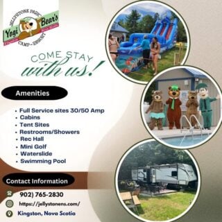 COANS Campground Spotlight: Yogi Bear’s Jellystone Park™ Camp‑Resort (Kingston)

Looking for a camping trip packed with adventure, fun, and lots of laughs, @campjellystone in Kingston is the ultimate family destination! From inflatable playgrounds to themed weekends featuring our favorite cartoon bears, it’s non-stop excitement from morning 'til s’more time.

What You’ll Love:
🎪 Action-Packed Activities: Jumping pillows, obstacle courses, mini-golf, zip
lines, water parks & more
🌟 Character Appearances: Snap selfies with Yogi, Boo Boo & Friends at daily
meet‑and‑greets
🎉 Seasonal Events: Festivals, themed weekends, movies, karaoke & late-night
campfire entertainment
🏕️ Range of Accommodations: Choose from campsites, cabins, glamping tents, or
RV sites
🐾 Pet-Friendly Fun: Bring your leashed pups to join the family fun
🍔 On-Site Convenience: Snack bar, camp store, and food trucks for easy meals & treats

🔗 Plan your visit today: https://jellystonens.com/

Discover more COANS member campgrounds at campingnovascotia.com

#COANSCampground #JellystoneParkNS #FamilyCamping #NovaScotiaCamping #CampLocalNS #YogiBearCamp