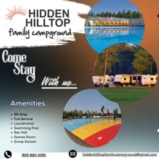 COANS Featured Campground: Hidden Hilltop Family Campground

Big on fun, big on family! Hidden Hilltop Family Campground is your go-to for summertime memories just outside Truro. Enjoy:

✅ Spacious RV & tent sites + rentals
🏖️ Heated pool, mini-golf & bouncy pillow
🎤 Karaoke nights, theme weekends & tons of kid-friendly fun
🐾 Pet-friendly & full-service amenities

🗓️ Open May – October 13th
🌐 Book now: https://www.hiddenhilltopcampground.com/

🔗 Find more family fun with a COANS Member: www.campingnovascotia.com
Camp Local. Camp Nova Scotia