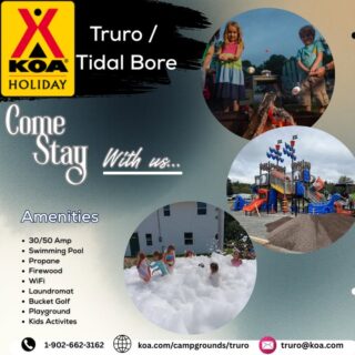 COANS Campground Spotlight: Truro / Tidal Bore KOA

Looking for a memorable camping experience on Nova Scotia’s Bay of Fundy & Annapolis Valley? The Truro / Tidal Bore KOA (formerly Elm River RV Park) delivers the perfect blend of convenience, comfort, and outdoor adventure!

Highlights You’ll Love:

🚐 70 overnight + 40 seasonal RV & tent sites, including big-rig pull-throughs and premium KOA Patio® options
🛏️ Cozy rustic and deluxe cabins, some with full kitchens, baths & private hot tubs
🏊 Heated outdoor pool, river tubing on the Debert River & fishing for trout in the Tidal Bore river
🎠 Play for all ages: pirate ship playground, multi-sport court, arcade‑style Kids Club, Rec Hall games, and pedal carts
🌿 Full amenities: modern washrooms and showers, laundromat, camp store, propane refills, wood & Wi‑Fi
🐾 Pet-friendly perks: Paw‑Pen patio sites and fenced dog play areas
🏊 Heated outdoor pool, river tubing on the Debert River & fishing for trout in the Tidal Bore River

Visit their website: https://koa.com/campgrounds/truro/

Explore more COANS member campgrounds: campingnovascotia.com
Camp Local. Camp in Nova Scoti