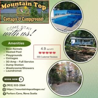 COANS Campground Spotlight: Mountain Top Cottages & Campground

Perched atop Nova Scotia's North Mountain, @mountain.top.candc Top Cottages and Campground offers a serene retreat surrounded by nature's beauty. Whether you're seeking adventure or relaxation, this family-owned haven since 1987 provides the perfect backdrop for unforgettable memories.

What You'll Love:
🏡 Comfortable Accommodations: Choose from 11 fully equipped, pet-friendly cottages nestled among the trees.
⛺ Spacious Campsites: 21 serviced sites with 30-amp power, water, and sewer options, all set in a tranquil forest setting.
🌊 Private Lake Access: Enjoy swimming, paddle boating, and canoeing on the serene lake.
🏊 Heated Outdoor Pool: Perfect for family fun and relaxation.
🚶 Nature Trails: Explore scenic walking paths teeming with local wildlife.
🎣 Family Activities: Engage in wagon rides, critter hunts, and more for all ages.
Mountain Top Cottages & Campground

🔗 Plan your getaway today: https://mountaintopcottages.ca/book-now

Discover more COANS member campgrounds at campingnovascotia.com
#COANSCampgroundSpotlight #MountainTopCottages #NovaScotiaCamping #FamilyAdventure #NatureRetreat #CampingNovaScotia