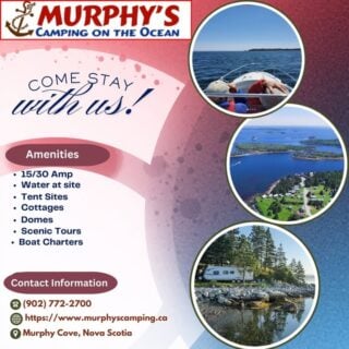 COANS Campground Spotlight: Murphy’s Camping on the Ocean

Perched along Nova Scotia’s Eastern Shore in Murphy Cove, Murphy's Camping on the Ocean offers an immersive seaside experience. With direct access to the Atlantic and the pristine 100 Wild Islands, it's a haven for nature enthusiasts and adventure seekers alike.

What Awaits You:
🏕️ Diverse Accommodations: Choose from 46 serviced and unserviced sites, 3 rental trailers, and a rustic loft with panoramic ocean views.
🚤 Ocean Adventures: Embark on scenic boat tours, kayak through secluded coves, or explore the untouched beauty of the Wild Islands.
🔥 Community Campfires: Join nightly beachside campfires, complete with complimentary mussel boils and engaging stories.
☕ Morning Gatherings: Start your day with fresh coffee and friendly chats at the Sailors' Rest.
🐾 Pet-Friendly Environment: Your furry companions are welcome to join the adventure.
🌐 Modern Amenities: Enjoy free Wi-Fi, clean facilities, and access to laundry services.

Recognized by The Globe and Mail as one of Canada's top campgrounds, Murphy's combines rustic charm with heartfelt hospitality. Whether you're seeking relaxation or exploration, this coastal gem promises unforgettable memories.

🔗 Plan your oceanfront escape: www.murphyscamping.ca

Discover more COANS member campgrounds at www.campingnovascotia.com
#COANSCampgroundSpotlight #MurphysCamping #NovaScotiaCamping #100WildIslands #CoastalRetreat #CampingNovaScotia