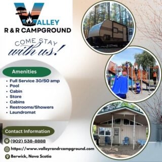 COANS Campground Spotlight: Valley R & R Campground

Nestled in the heart of Nova Scotia's Annapolis Valley, just outside of Berwick, Valley R & R Campground (formerly Plantation Campground) offers a perfect blend of relaxation and recreation. With spacious sites and a welcoming atmosphere, it's an ideal destination for families, couples, and solo adventurers alike.

What You'll Love:
🏕️ Diverse Accommodations: Choose from 252 large, open, and shaded sites, including 233 with electrical (15/30/50 amps), water, and/or sewage hook-ups, and 12 unserviced sites.
🏊 Outdoor Pool: Cool off in the large outdoor swimming pool, perfect for those warm summer days.
🎉 Recreation Hall: Join in on community events like dances and bingo, or utilize the gymnasium/exercise room.
🛍️ General Store: Stock up on essentials, wood, ice, and propane without leaving the campground.
🧺 Laundry Facilities: Two laundromats are available for your convenience during extended stays.
🎮 Arcade: Keep the kids entertained with a variety of games in the on-site arcade.
🐾 Pet-Friendly: Bring along your furry friends to enjoy the camping experience with you.

🔗 Plan your stay by visiting: www.valleyrandrcampground.com

Discover more COANS member campgrounds at campingnovascotia.com

#COANSCampgroundSpotlight #ValleyRandRCampground #NovaScotiaCamping #AnnapolisValley #FamilyCamping #CampingNovaScotia